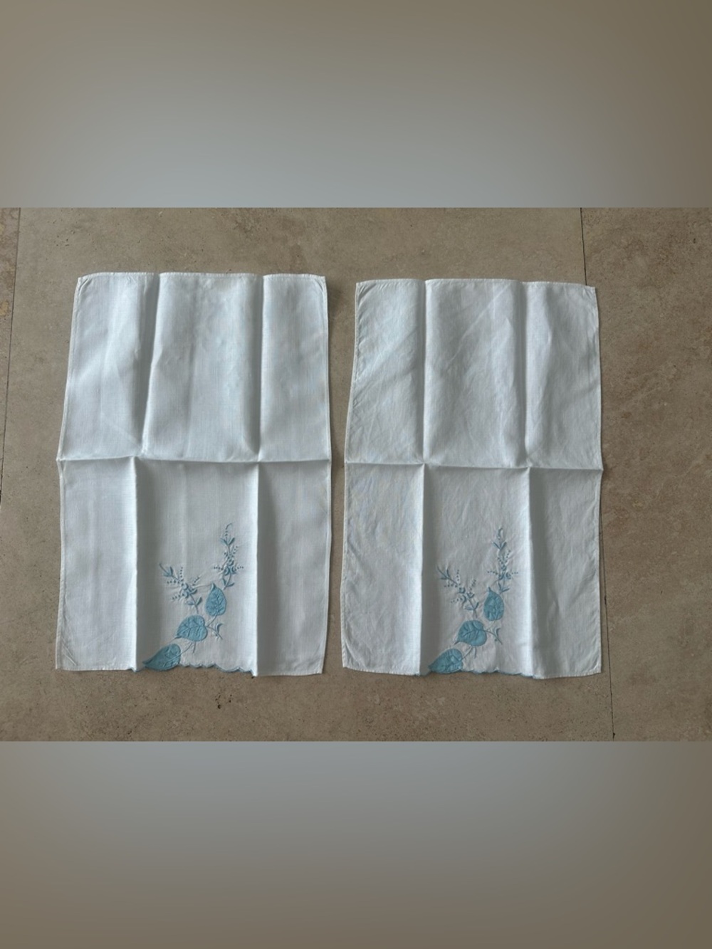 Pair of Vintage White Linen Napkins with Blue Floral Hand Embroidery